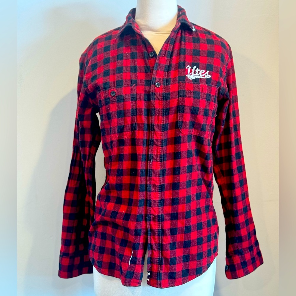 Buffalo plaid button down University of utah  custom hand embroidery